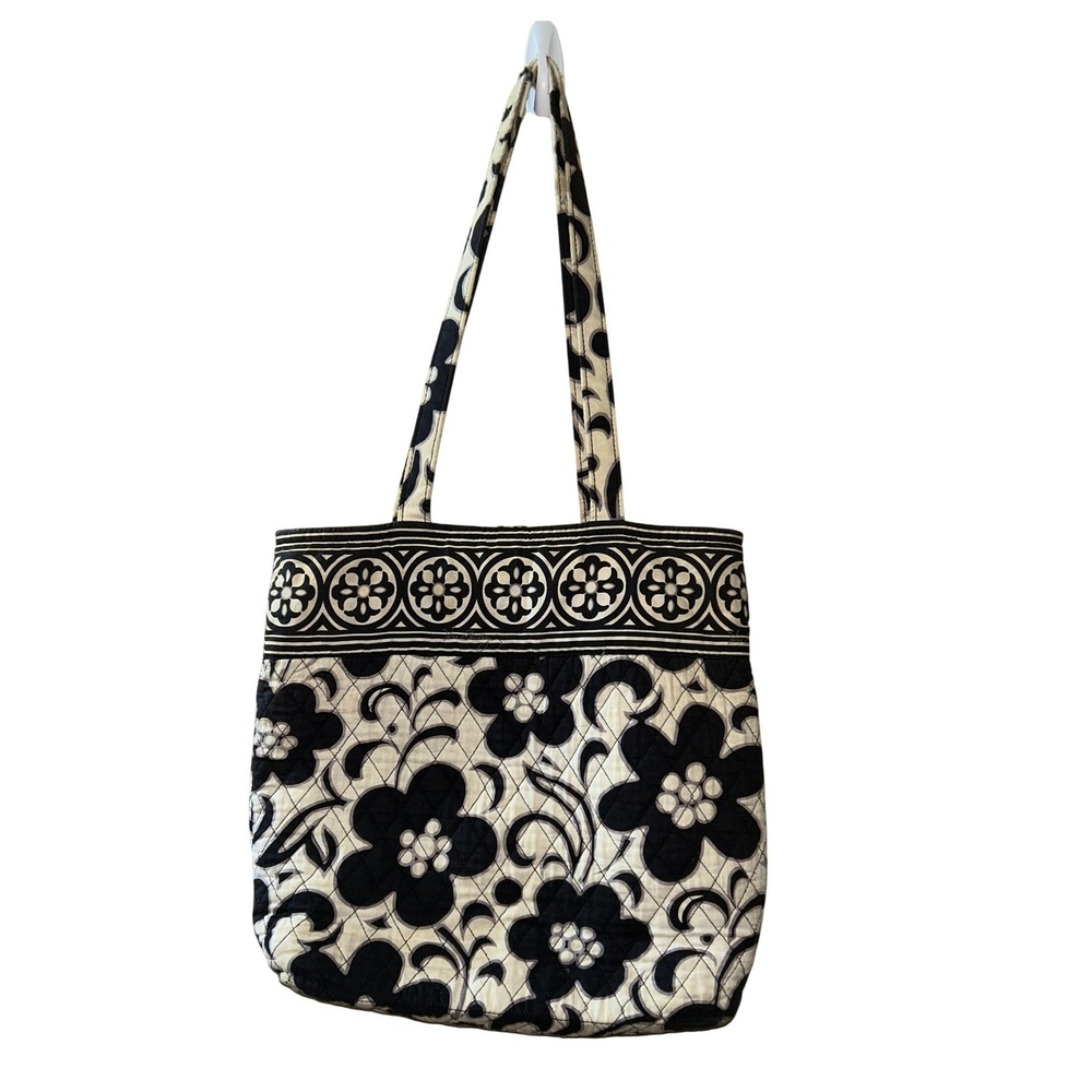 Vera Bradley Night and Day Quilted Cotton Tote Bag Black White Floral Bag